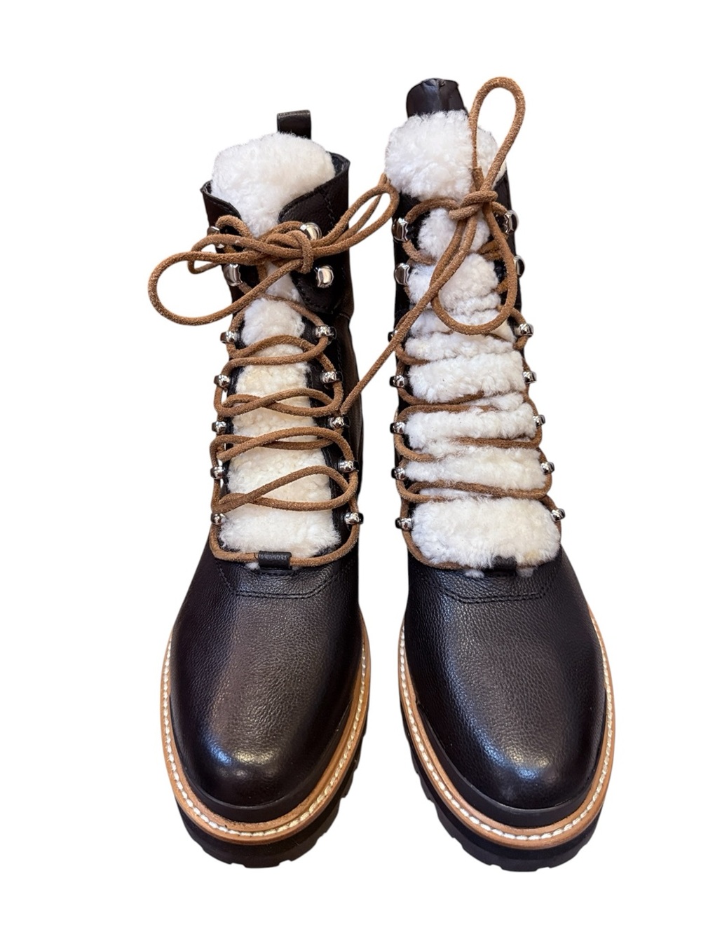 Marc Fisher Izzie Black Leather Lace-Up Boots with White Shearling Lug Sole 9.5